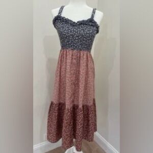 BAND OF THE FREE Sz L Tiered Smocking Ruffle Neckline Ditzy Floral Long Dress